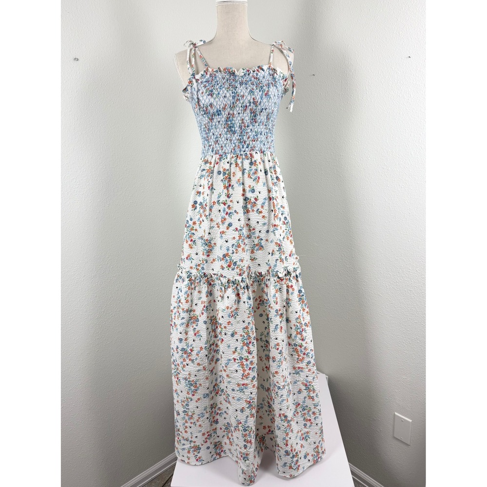 Koko + Mason Floral Smocked Maxi Dress White Seersucker Tiered Boho Birds
